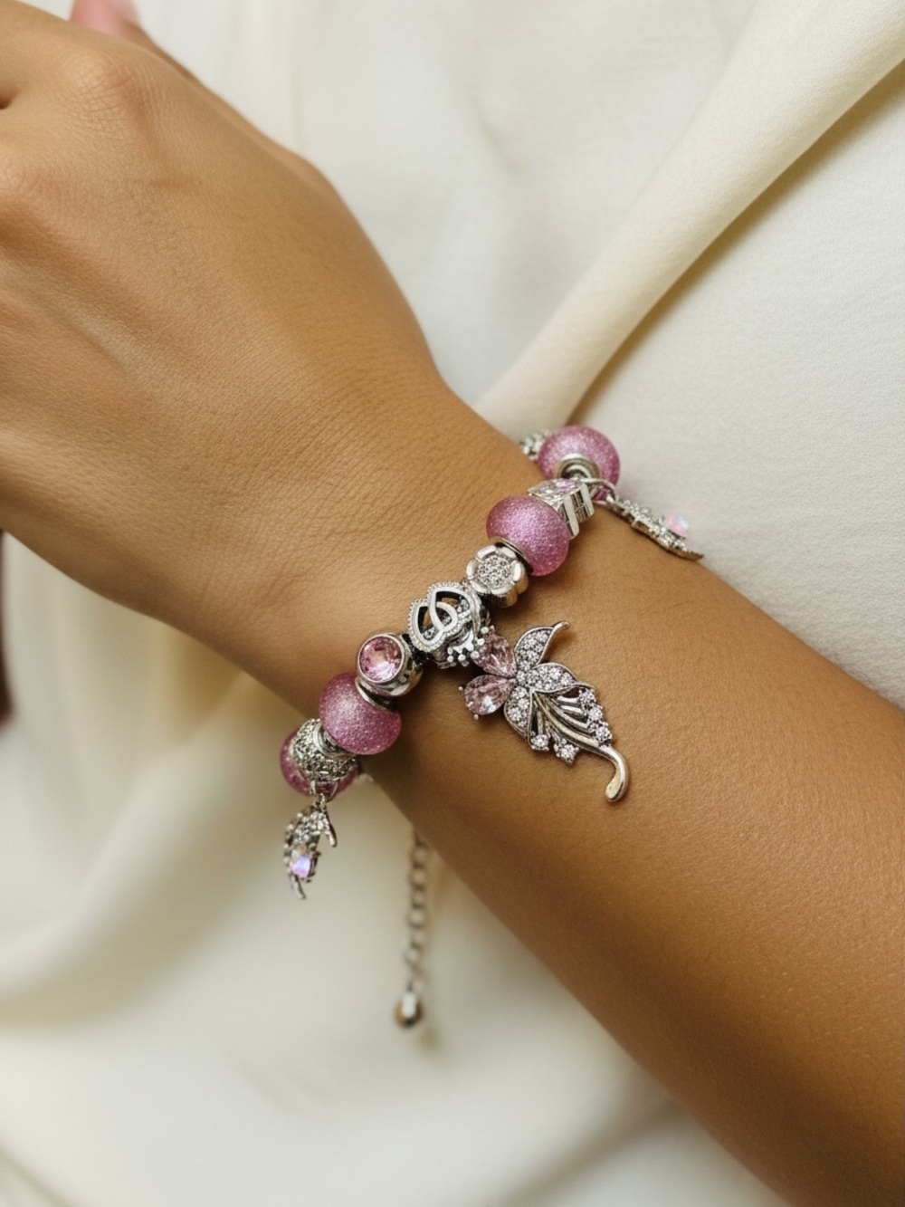 Pink Charm Bracelet with Crystal Butterfly and Star Accents